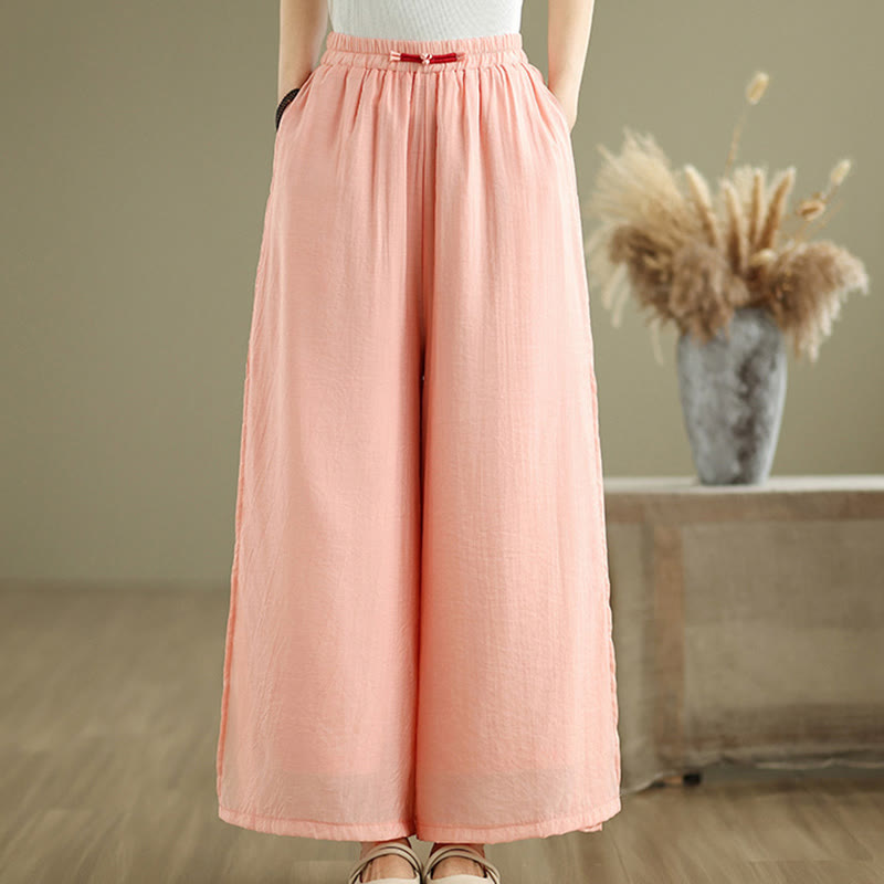 Casual Vintage Side Slit Hem Design Cotton Linen Women's Wide Leg Pants With Pockets
