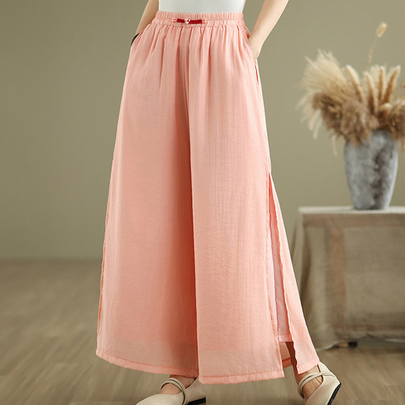 Casual Vintage Side Slit Hem Design Cotton Linen Women's Wide Leg Pants With Pockets