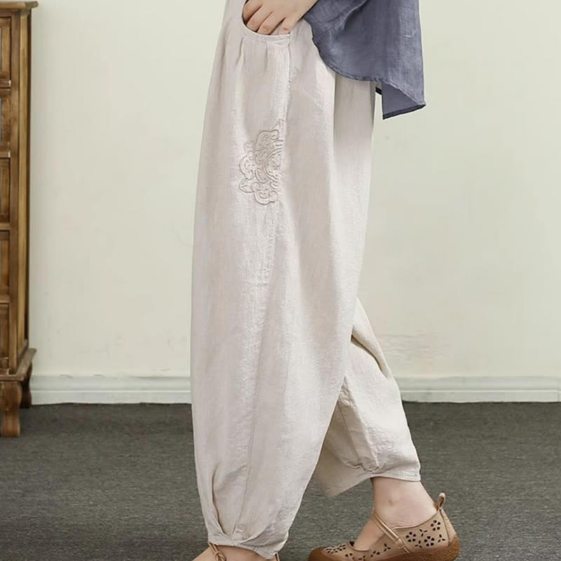 Vintage Solid Color Embroidery Cotton Linen Women's 7-8 Length Harem Pants With Pockets