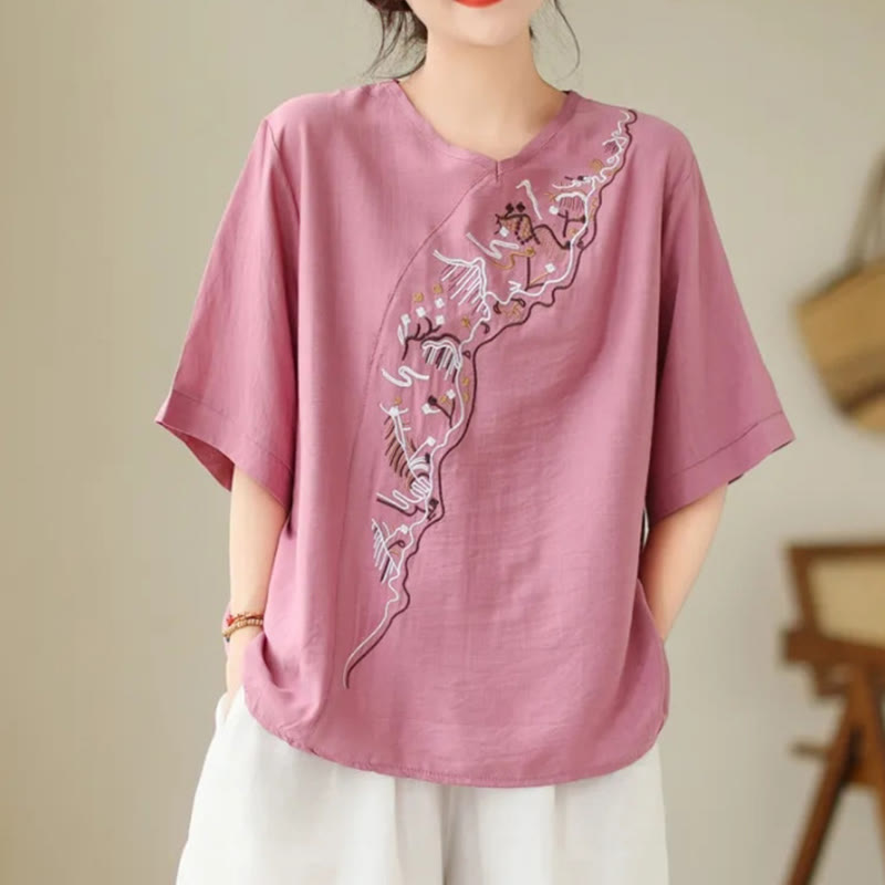 Ethnic Casual Embroidered Geometry Pattern Women's Crew Neck Design Half Sleeve T-Shirt