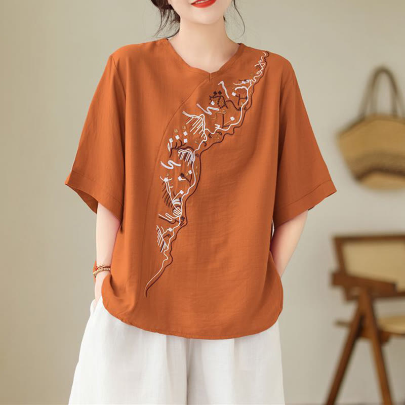 Ethnic Casual Embroidered Geometry Pattern Women's Crew Neck Design Half Sleeve T-Shirt