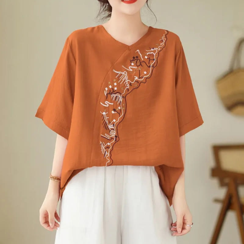 Ethnic Casual Embroidered Geometry Pattern Women's Crew Neck Design Half Sleeve T-Shirt