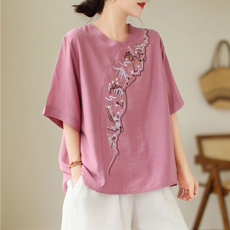 Ethnic Casual Embroidered Geometry Pattern Women's Crew Neck Design Half Sleeve T-Shirt