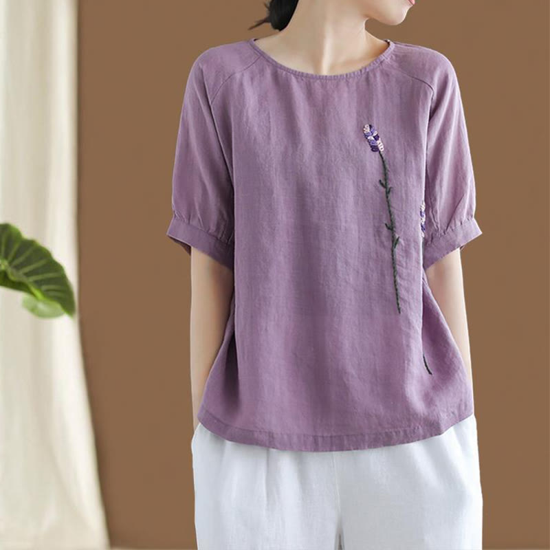 Summer Vintage Embroidered Flower Pattern Women's Crew Neck Design Cotton Linen T-Shirt