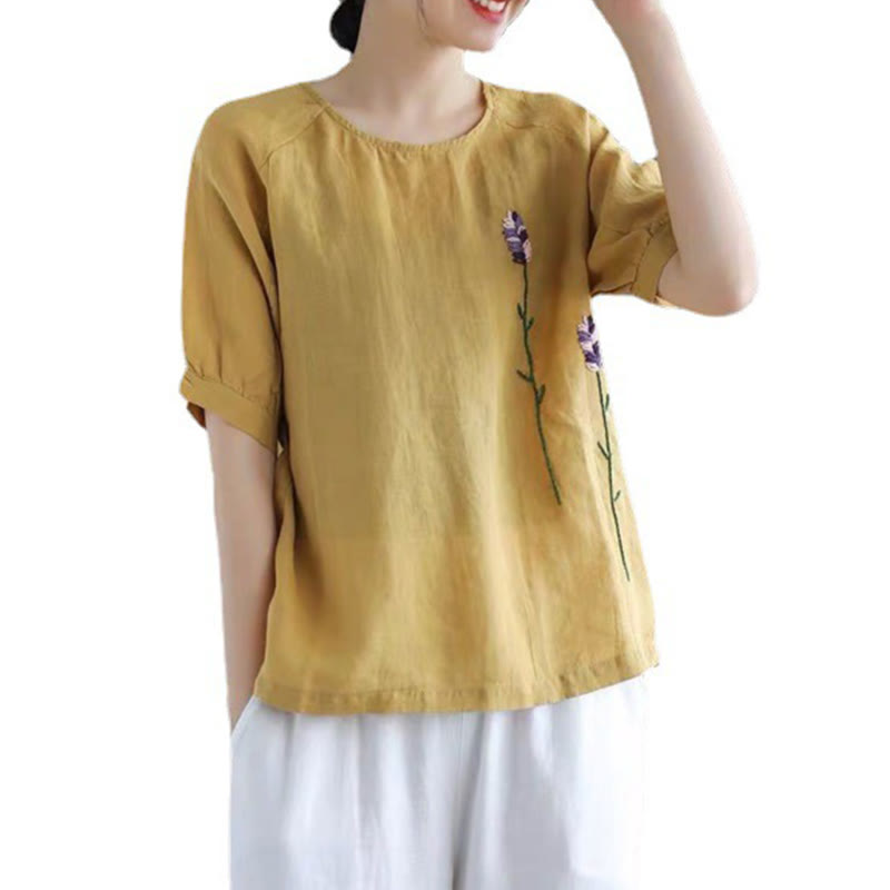 Summer Vintage Embroidered Flower Pattern Women's Crew Neck Design Cotton Linen T-Shirt