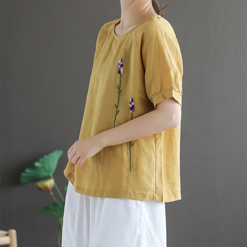 Summer Vintage Embroidered Flower Pattern Women's Crew Neck Design Cotton Linen T-Shirt