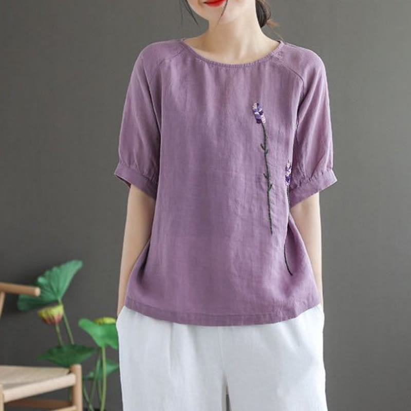 Summer Vintage Embroidered Flower Pattern Women's Crew Neck Design Cotton Linen T-Shirt