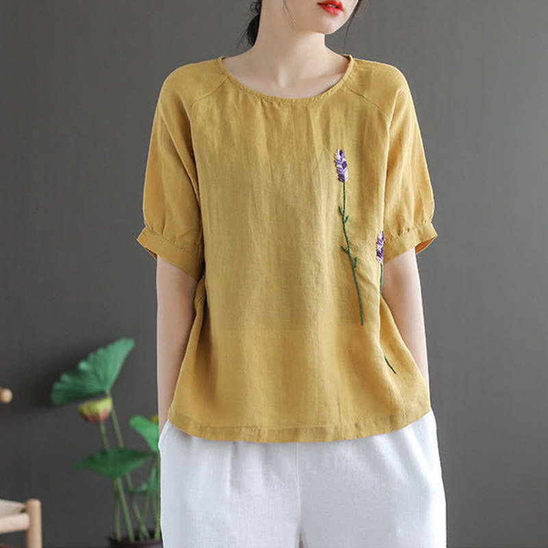 Summer Vintage Embroidered Flower Pattern Women's Crew Neck Design Cotton Linen T-Shirt