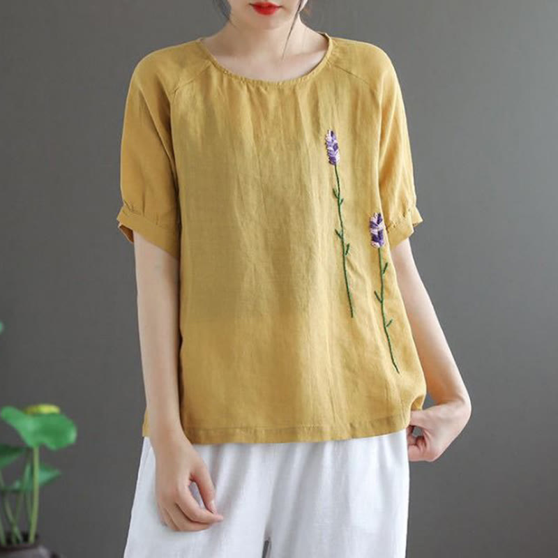 Summer Vintage Embroidered Flower Pattern Women's Crew Neck Design Cotton Linen T-Shirt