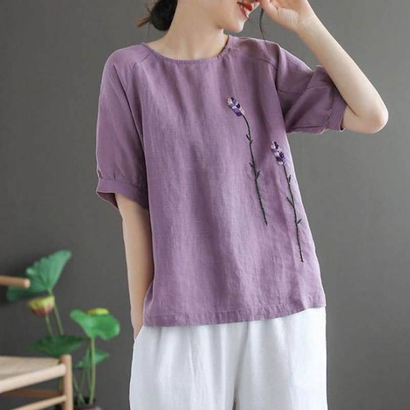 Summer Vintage Embroidered Flower Pattern Women's Crew Neck Design Cotton Linen T-Shirt