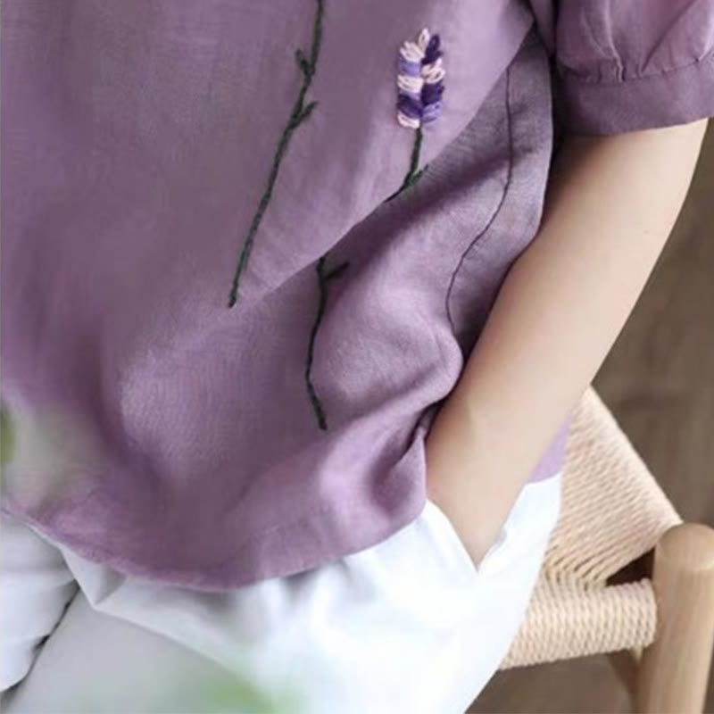 Summer Vintage Embroidered Flower Pattern Women's Crew Neck Design Cotton Linen T-Shirt