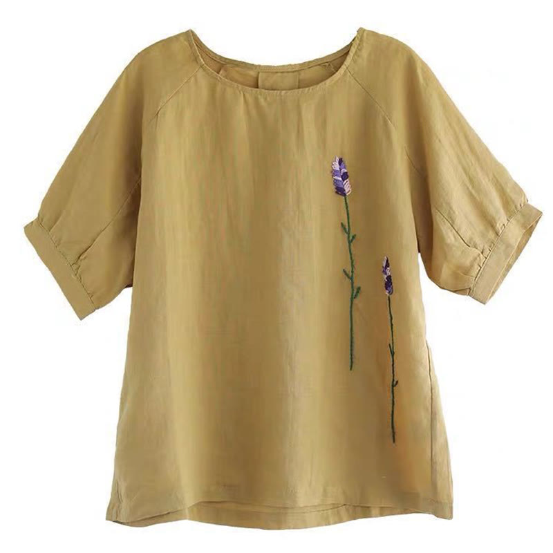 Summer Vintage Embroidered Flower Pattern Women's Crew Neck Design Cotton Linen T-Shirt