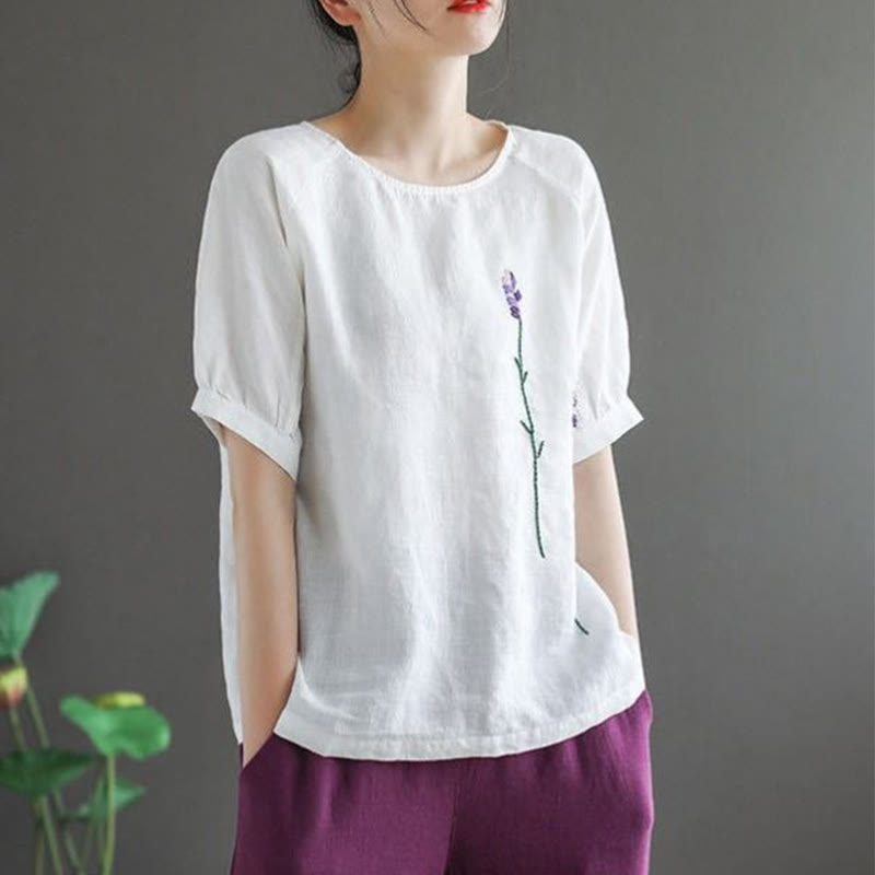 Summer Vintage Embroidered Flower Pattern Women's Crew Neck Design Cotton Linen T-Shirt
