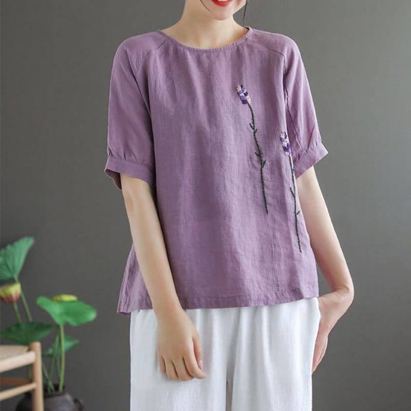 Summer Vintage Embroidered Flower Pattern Women's Crew Neck Design Cotton Linen T-Shirt