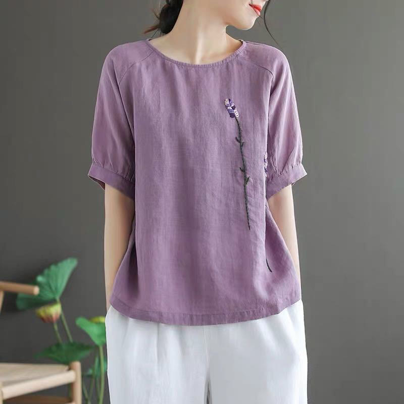 Summer Vintage Embroidered Flower Pattern Women's Crew Neck Design Cotton Linen T-Shirt