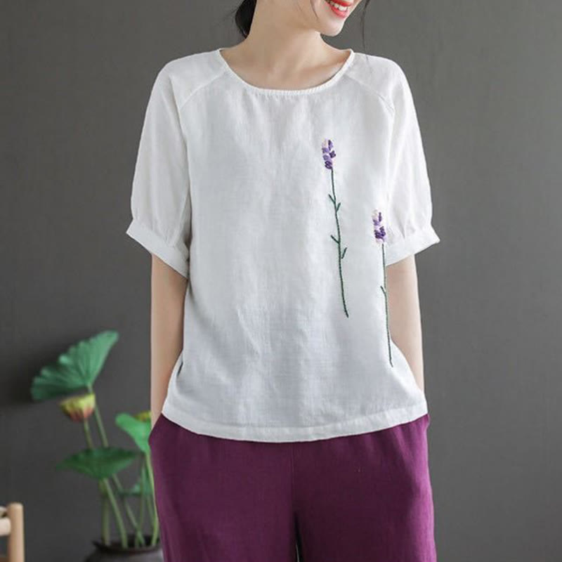Summer Vintage Embroidered Flower Pattern Women's Crew Neck Design Cotton Linen T-Shirt
