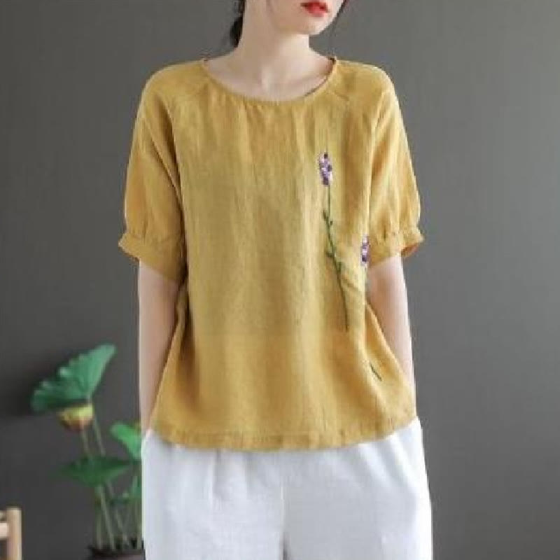 Summer Vintage Embroidered Flower Pattern Women's Crew Neck Design Cotton Linen T-Shirt