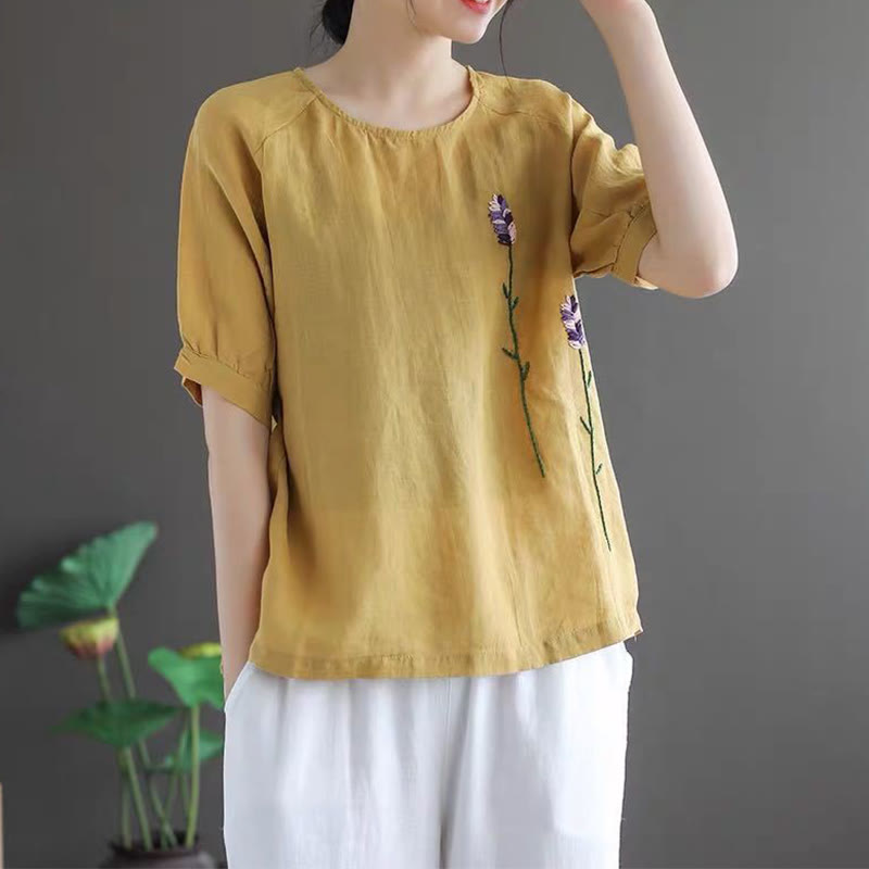 Summer Vintage Embroidered Flower Pattern Women's Crew Neck Design Cotton Linen T-Shirt