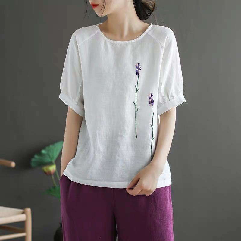 Summer Vintage Embroidered Flower Pattern Women's Crew Neck Design Cotton Linen T-Shirt