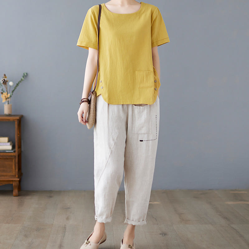 Side Slit Design Women's Cotton Linen Crew Neck Short Sleeve T-Shirt Wtih Pocket