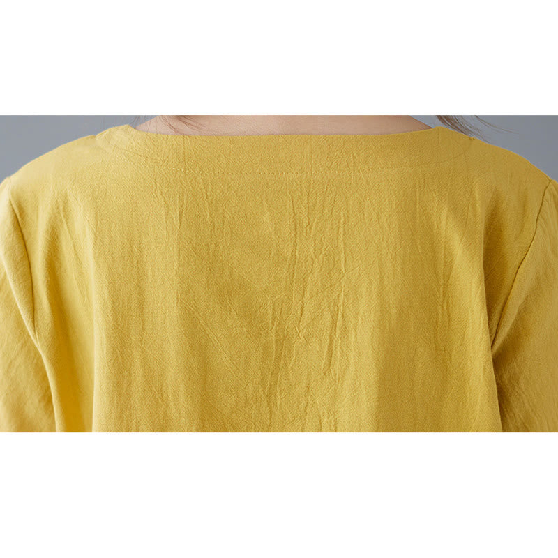 Side Slit Design Women's Cotton Linen Crew Neck Short Sleeve T-Shirt Wtih Pocket