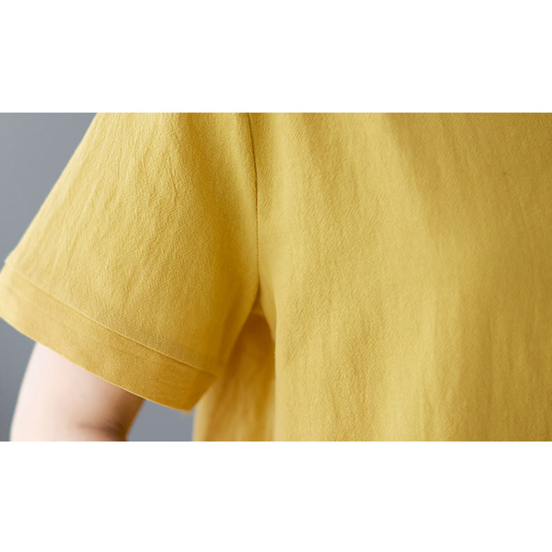 Side Slit Design Women's Cotton Linen Crew Neck Short Sleeve T-Shirt Wtih Pocket