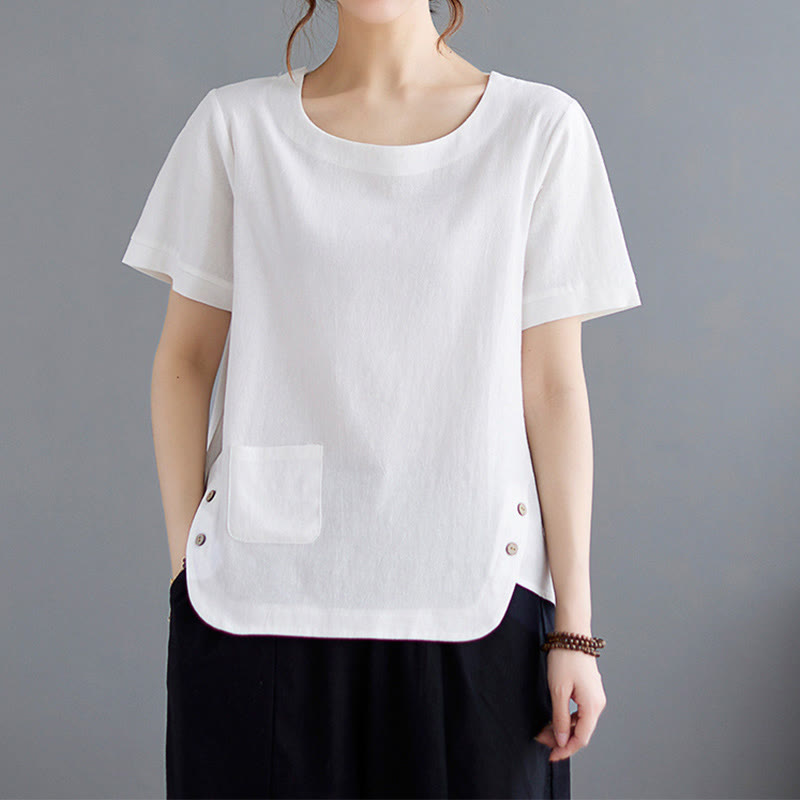 Side Slit Design Women's Cotton Linen Crew Neck Short Sleeve T-Shirt Wtih Pocket
