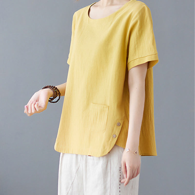 Side Slit Design Women's Cotton Linen Crew Neck Short Sleeve T-Shirt Wtih Pocket