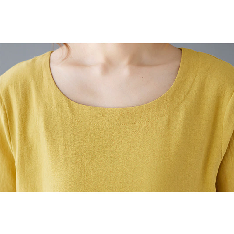 Side Slit Design Women's Cotton Linen Crew Neck Short Sleeve T-Shirt Wtih Pocket