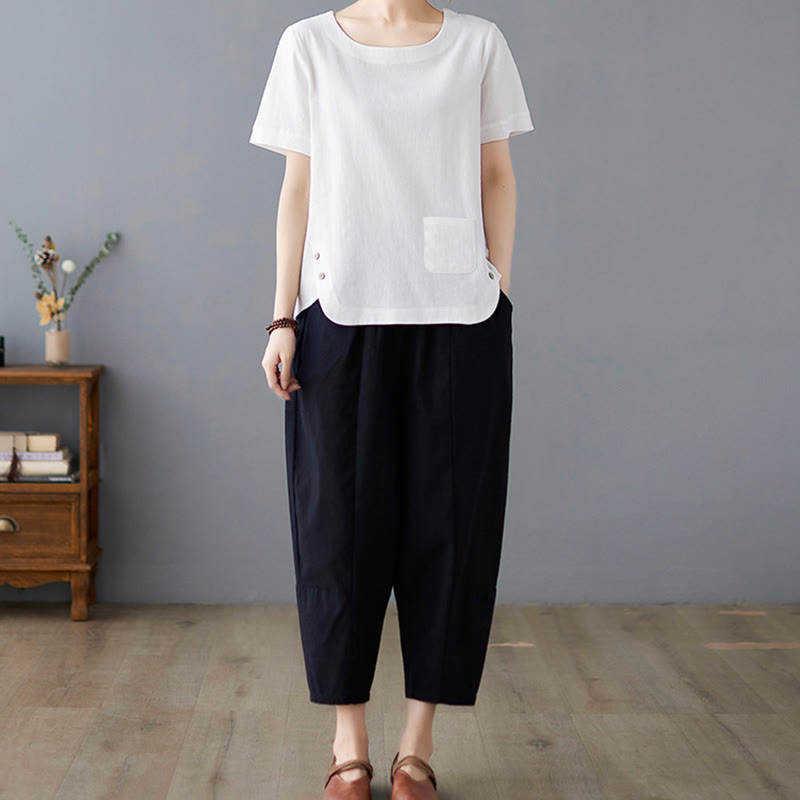 Side Slit Design Women's Cotton Linen Crew Neck Short Sleeve T-Shirt Wtih Pocket