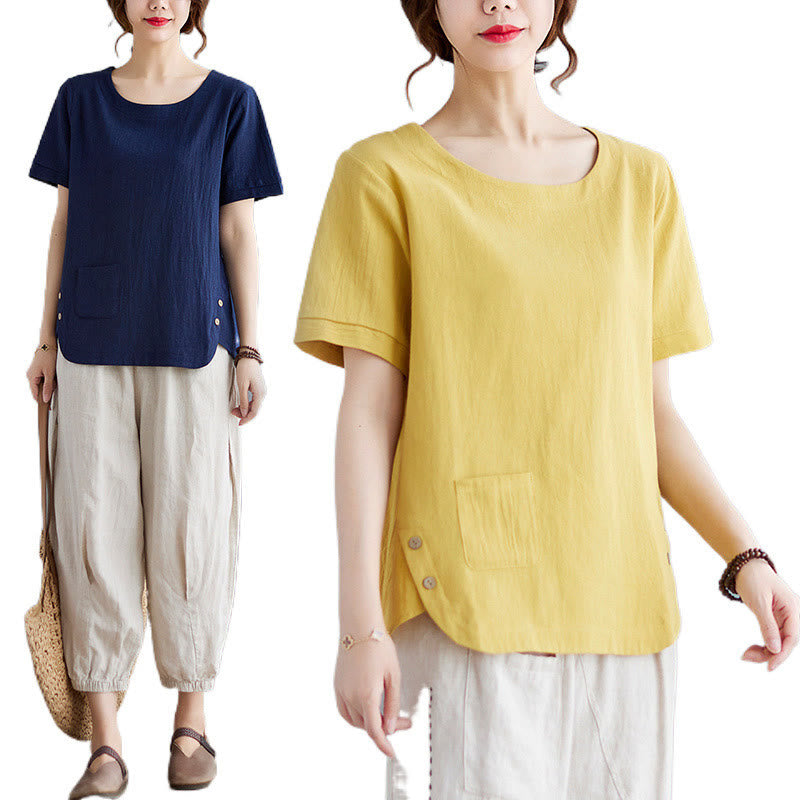Side Slit Design Women's Cotton Linen Crew Neck Short Sleeve T-Shirt Wtih Pocket