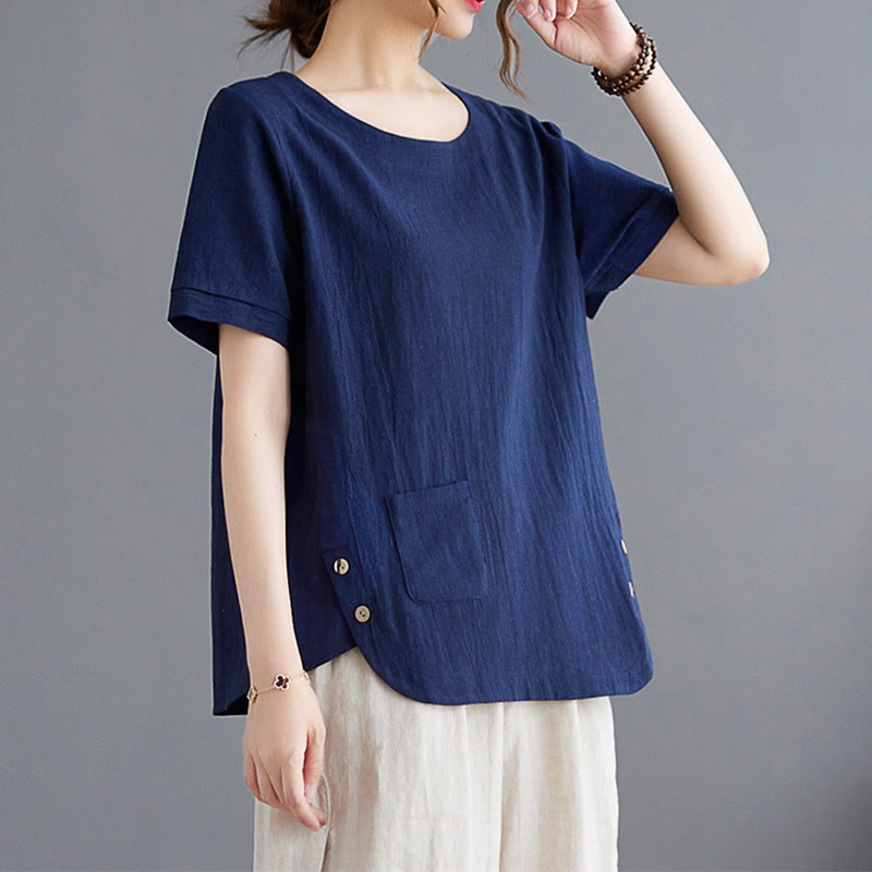 Side Slit Design Women's Cotton Linen Crew Neck Short Sleeve T-Shirt Wtih Pocket