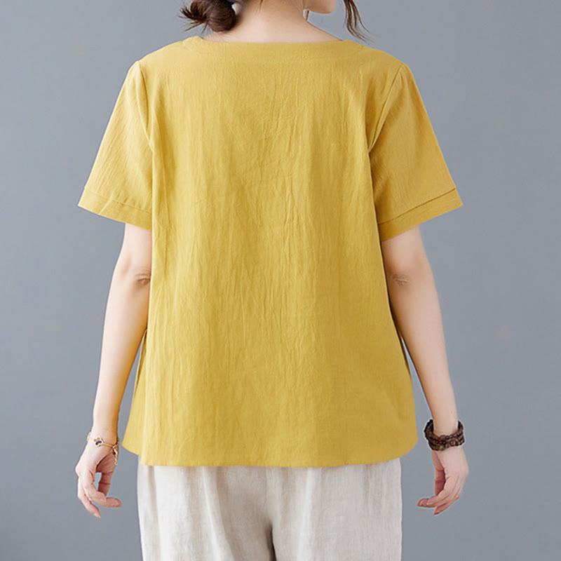 Side Slit Design Women's Cotton Linen Crew Neck Short Sleeve T-Shirt Wtih Pocket