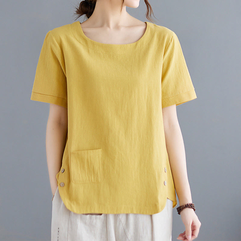 Side Slit Design Women's Cotton Linen Crew Neck Short Sleeve T-Shirt Wtih Pocket