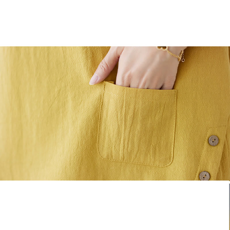 Side Slit Design Women's Cotton Linen Crew Neck Short Sleeve T-Shirt Wtih Pocket