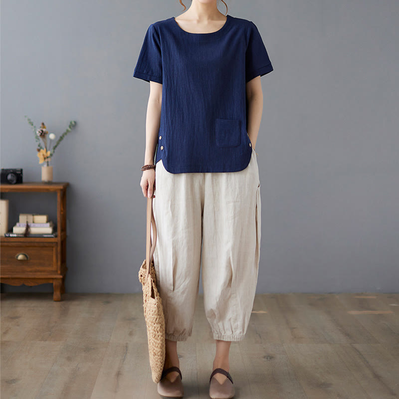 Side Slit Design Women's Cotton Linen Crew Neck Short Sleeve T-Shirt Wtih Pocket