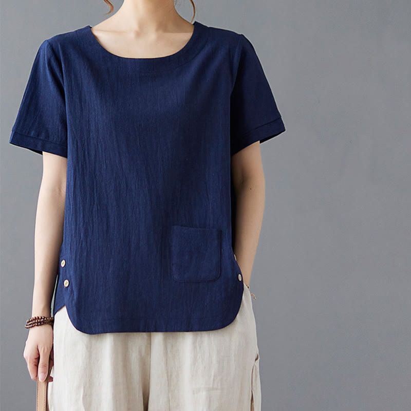 Side Slit Design Women's Cotton Linen Crew Neck Short Sleeve T-Shirt Wtih Pocket