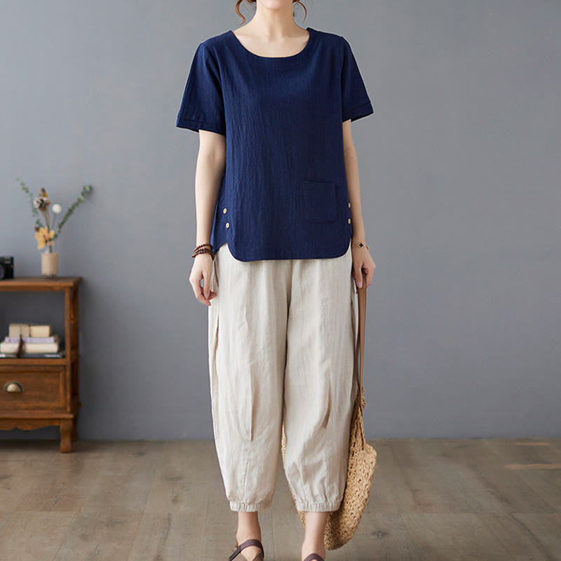 Side Slit Design Women's Cotton Linen Crew Neck Short Sleeve T-Shirt Wtih Pocket