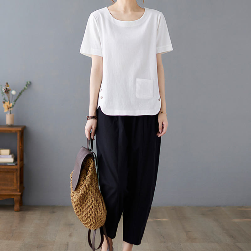 Side Slit Design Women's Cotton Linen Crew Neck Short Sleeve T-Shirt Wtih Pocket