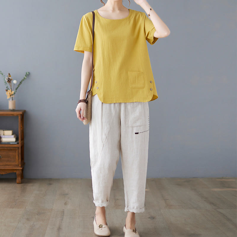 Side Slit Design Women's Cotton Linen Crew Neck Short Sleeve T-Shirt Wtih Pocket