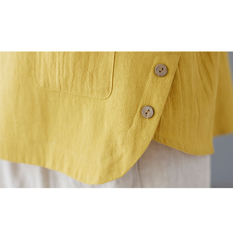 Side Slit Design Women's Cotton Linen Crew Neck Short Sleeve T-Shirt Wtih Pocket