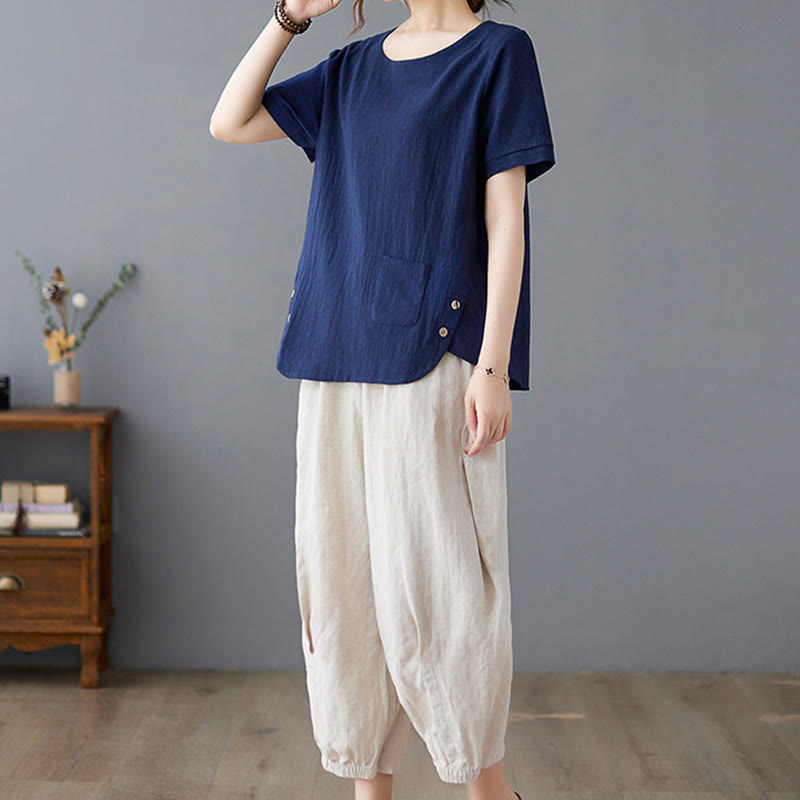 Side Slit Design Women's Cotton Linen Crew Neck Short Sleeve T-Shirt Wtih Pocket