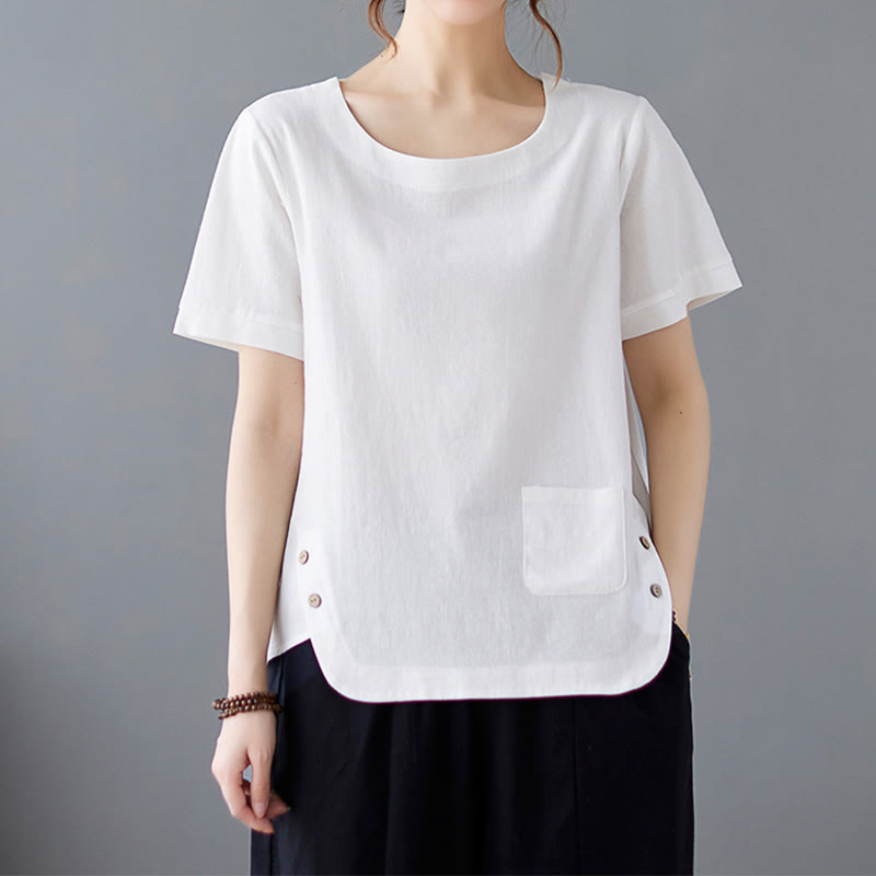 Side Slit Design Women's Cotton Linen Crew Neck Short Sleeve T-Shirt Wtih Pocket