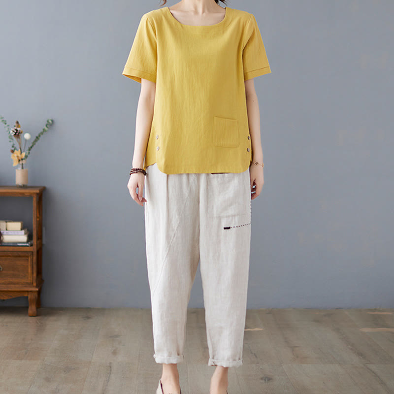 Side Slit Design Women's Cotton Linen Crew Neck Short Sleeve T-Shirt Wtih Pocket