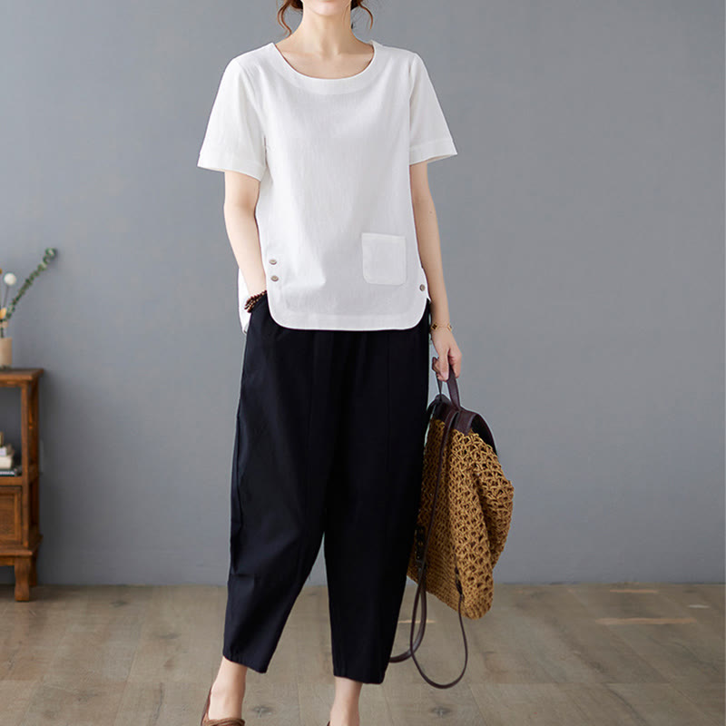 Side Slit Design Women's Cotton Linen Crew Neck Short Sleeve T-Shirt Wtih Pocket