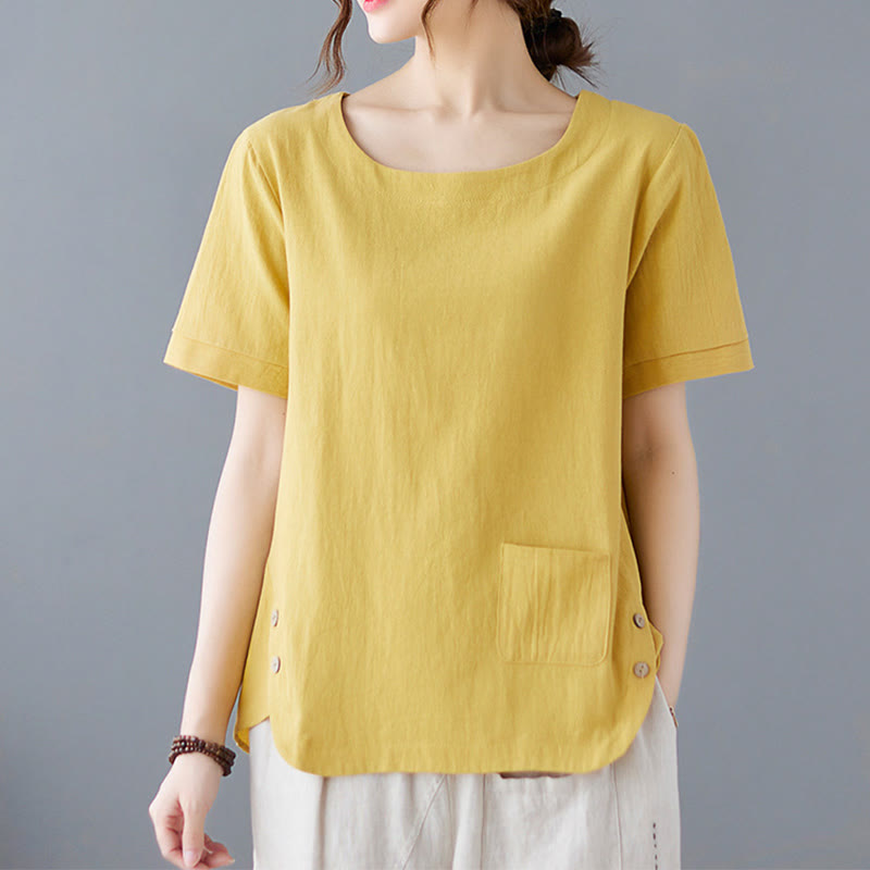 Side Slit Design Women's Cotton Linen Crew Neck Short Sleeve T-Shirt Wtih Pocket