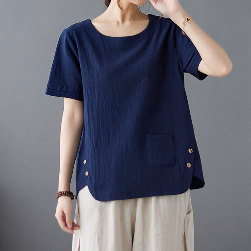 Side Slit Design Women's Cotton Linen Crew Neck Short Sleeve T-Shirt Wtih Pocket