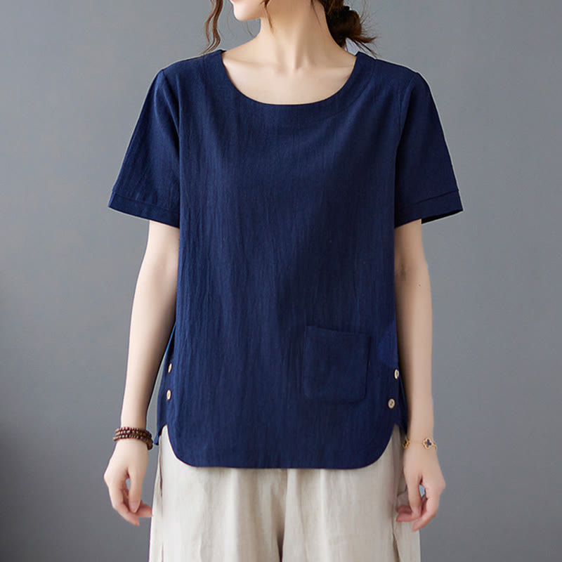 Side Slit Design Women's Cotton Linen Crew Neck Short Sleeve T-Shirt Wtih Pocket