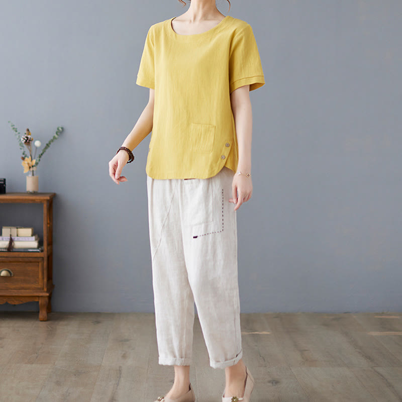 Side Slit Design Women's Cotton Linen Crew Neck Short Sleeve T-Shirt Wtih Pocket