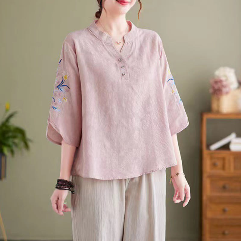 Summer Embroidery Flower Three Quarter Sleeve Design Women's Cotton Linen Notched Collar Shirt